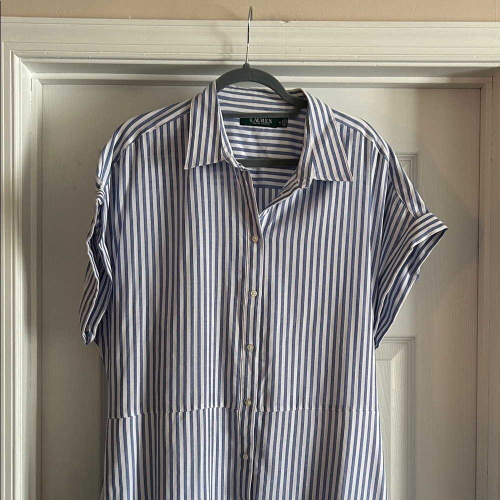 Lauren Ralph Lauren Striped Blue & White Tiered Shirt Dress - Picture 3 of 9